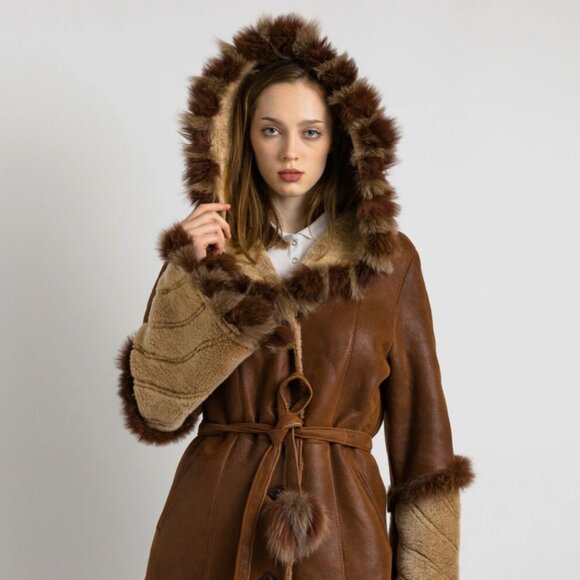 Genuine Suede Sheepskin Shearling Fur Coat Long Hood Vintage Penny Lane Princess - Picture 3 of 9